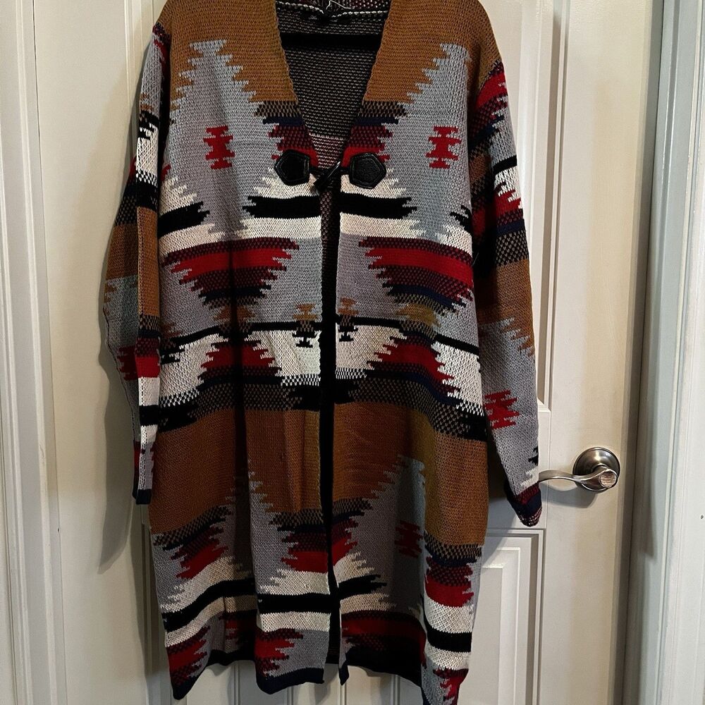 Aztec Southwest Long Cardigan Duster Sweater Jacket Coat L Large Tribal - Picture 2 of 13
